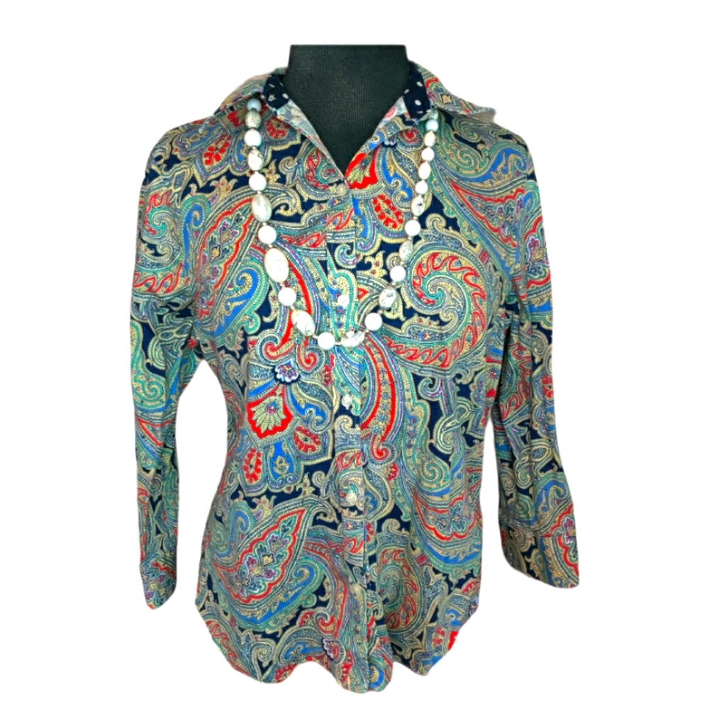 Chaps Paisley 3/4 Sleeve Button Down Blouse